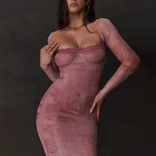 Pink Fitted Long-sleeve Dress - Image 4