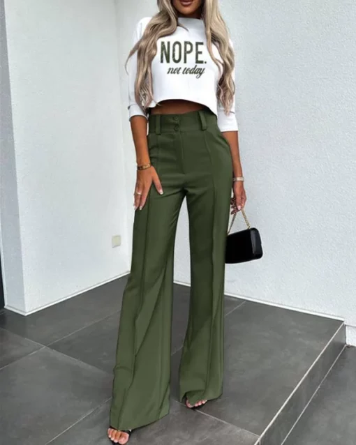 Solid Color Jacket & High Waist Straight Pants Set - Image 2