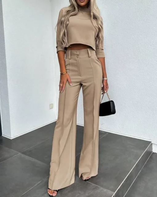 Solid Color Jacket & High Waist Straight Pants Set - Image 10