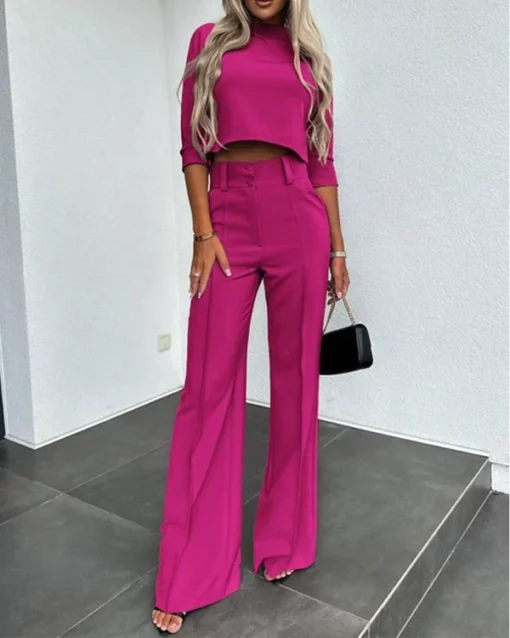 Solid Color Jacket & High Waist Straight Pants Set - Image 8