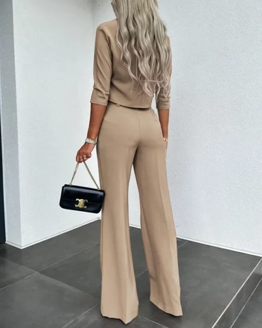 Solid Color Jacket & High Waist Straight Pants Set - Image 7