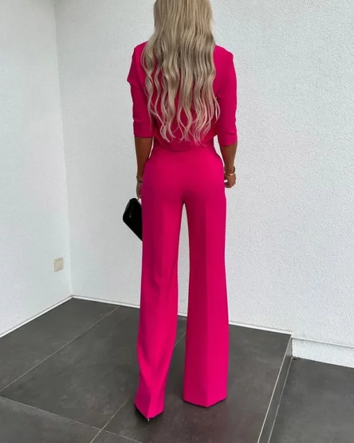 Solid Color Jacket & High Waist Straight Pants Set - Image 4