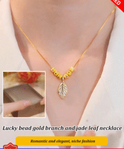 Lucky bead gold branch and jade leaf necklace