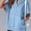 Oversized Casual Half Zip Short Sleeve Pullover Tops with Pockets