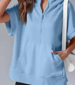 Oversized Casual Half Zip Short Sleeve Pullover Tops with Pockets